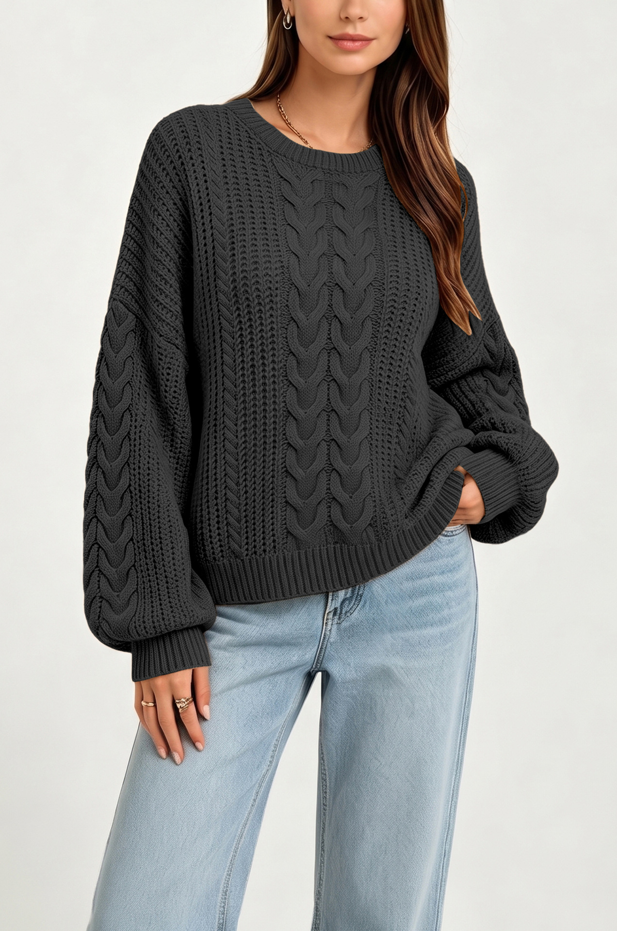 Women's Cable-Knit Crewneck Pullover Sweater Solid Color Loose Fit Long Sleeve