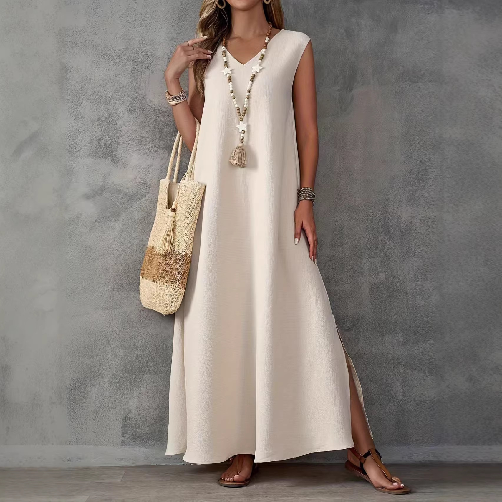 Women's Sleeveless V-Neck Side Slit Long Dress Elegant