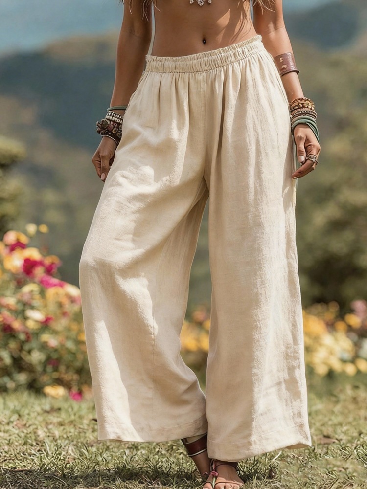 Cotton-Linen Wide-Leg Pants with Full Elastic High Waist