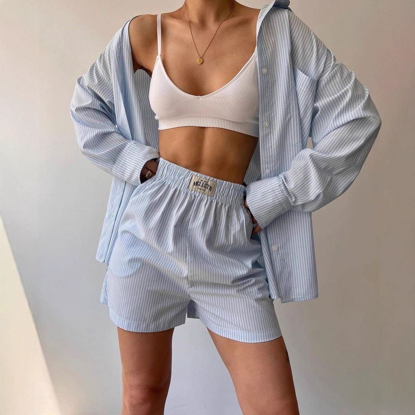 Striped Long Sleeve Shirt and Shorts Two-Piece Set