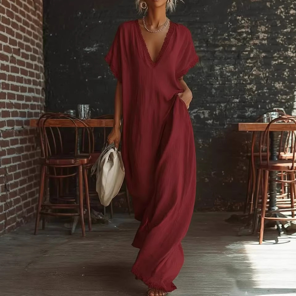 Women's Lace Trim Loose Linen Cotton Dress