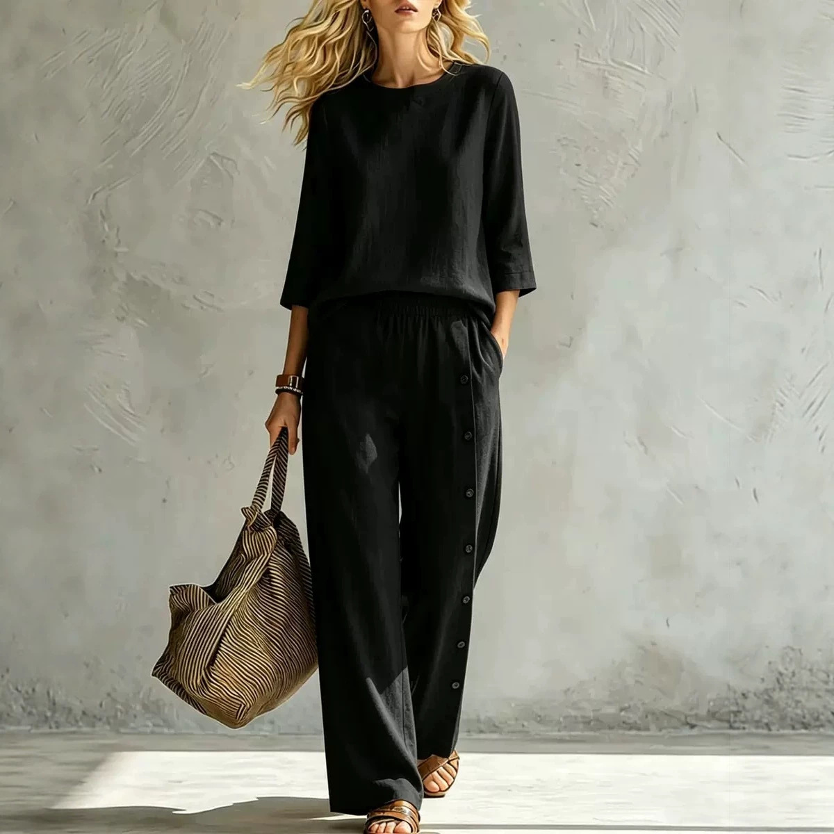 Women's Solid Color Button-Detail Two-Piece Pants Set Casual Loose Fit