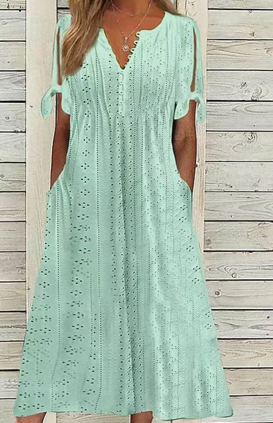Women's Casual Loose High Waist Embroidered Solid Color Dress