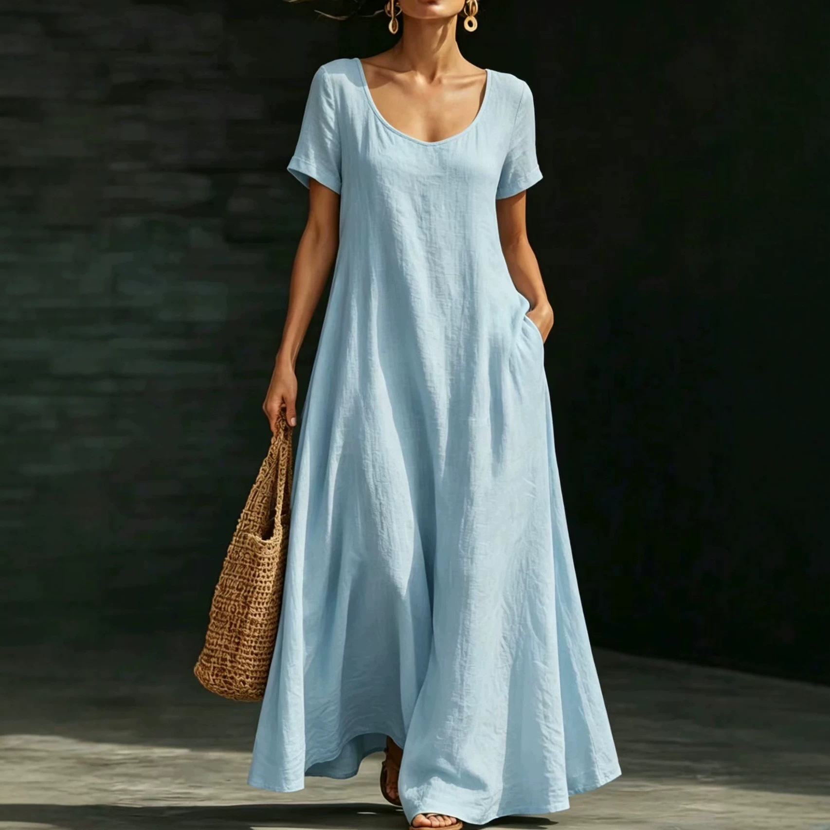 Summer U-Neck Short Sleeve Loose Fit Maxi Dress Solid Casual
