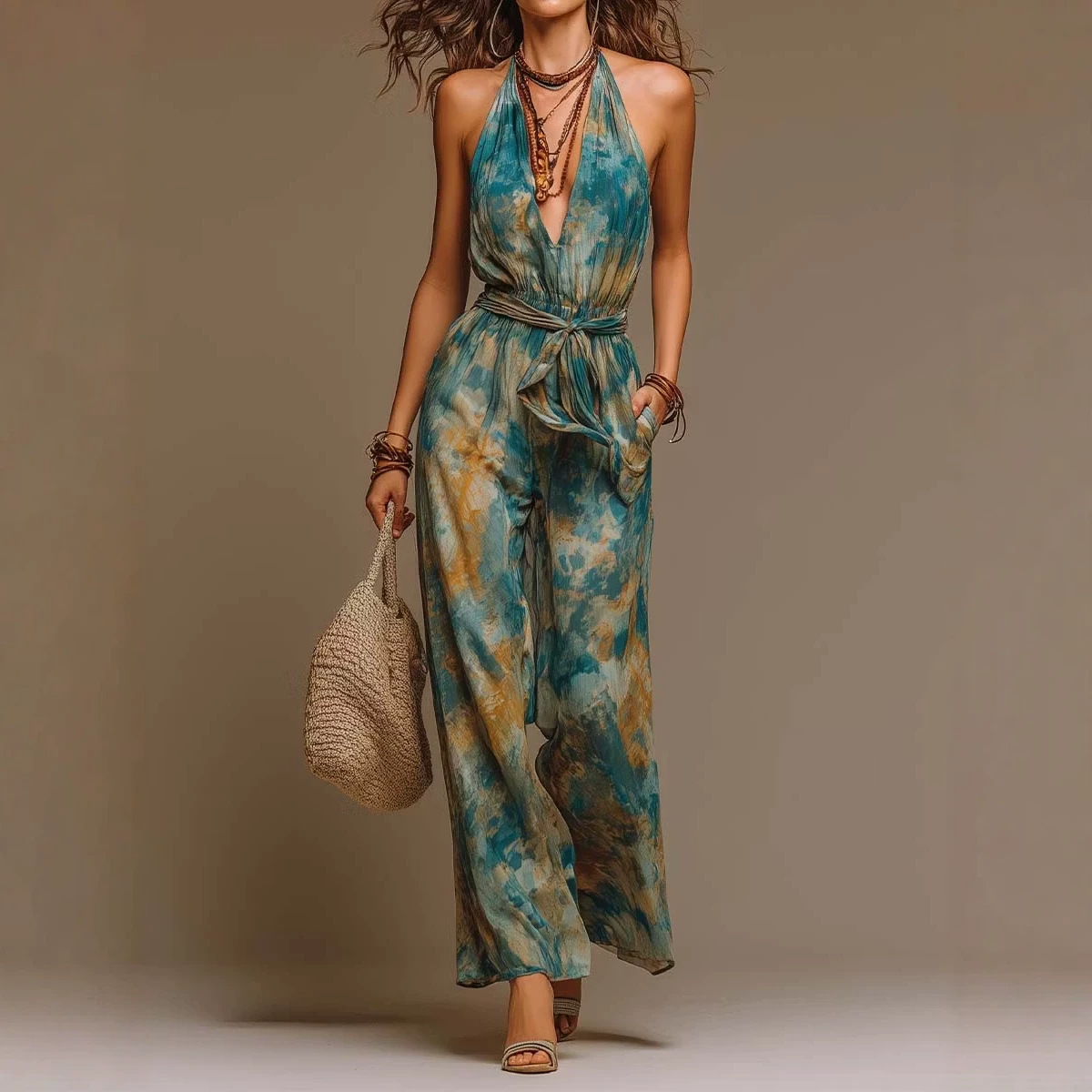 Women's Digital Print High-Waist Sleeveless Jumpsuit