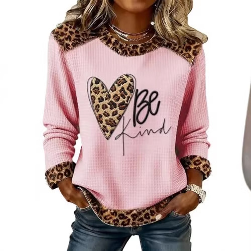 Women's Heart Leopard Print English Waffle Graphic Sweatshirt
