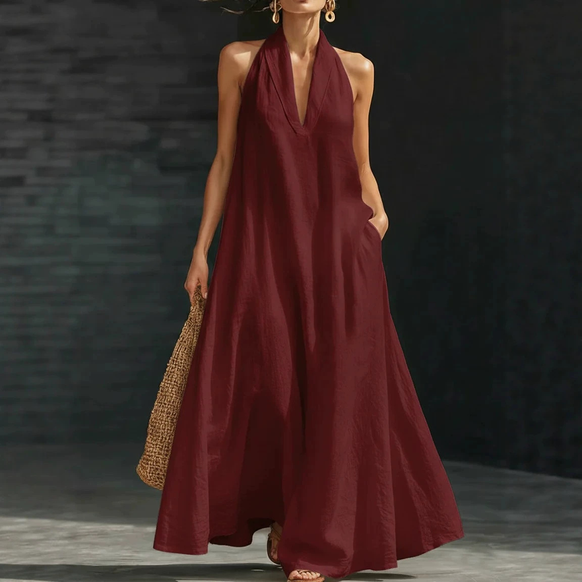 Women's Casual Solid V-Neck Long Dress