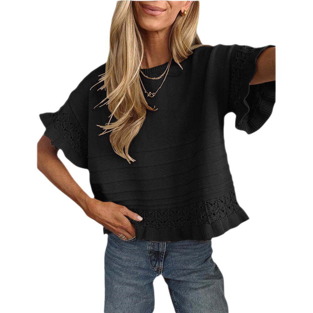 Women's Round Neck Hollow Knit Short Sleeve Ruffle Sweater Loose Top
