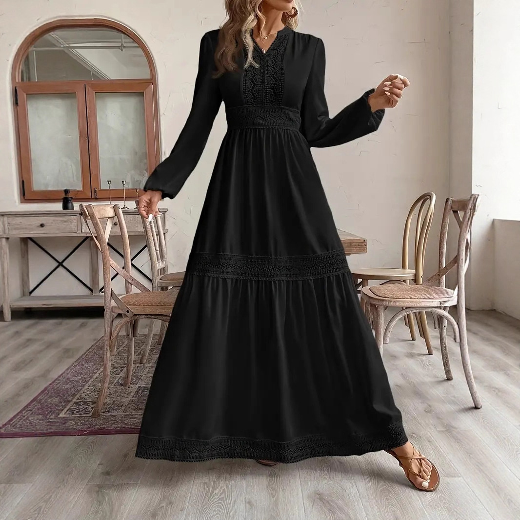 Elegant Lantern Sleeve Lace Cutout Maxi Dress with Full Skirt