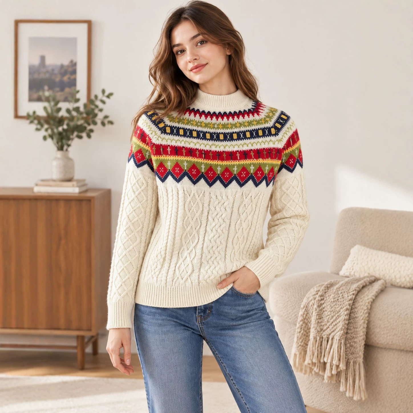 Fair Isle Jacquard Cable Knit Half-Turtleneck Sweater Women Loose Pullover