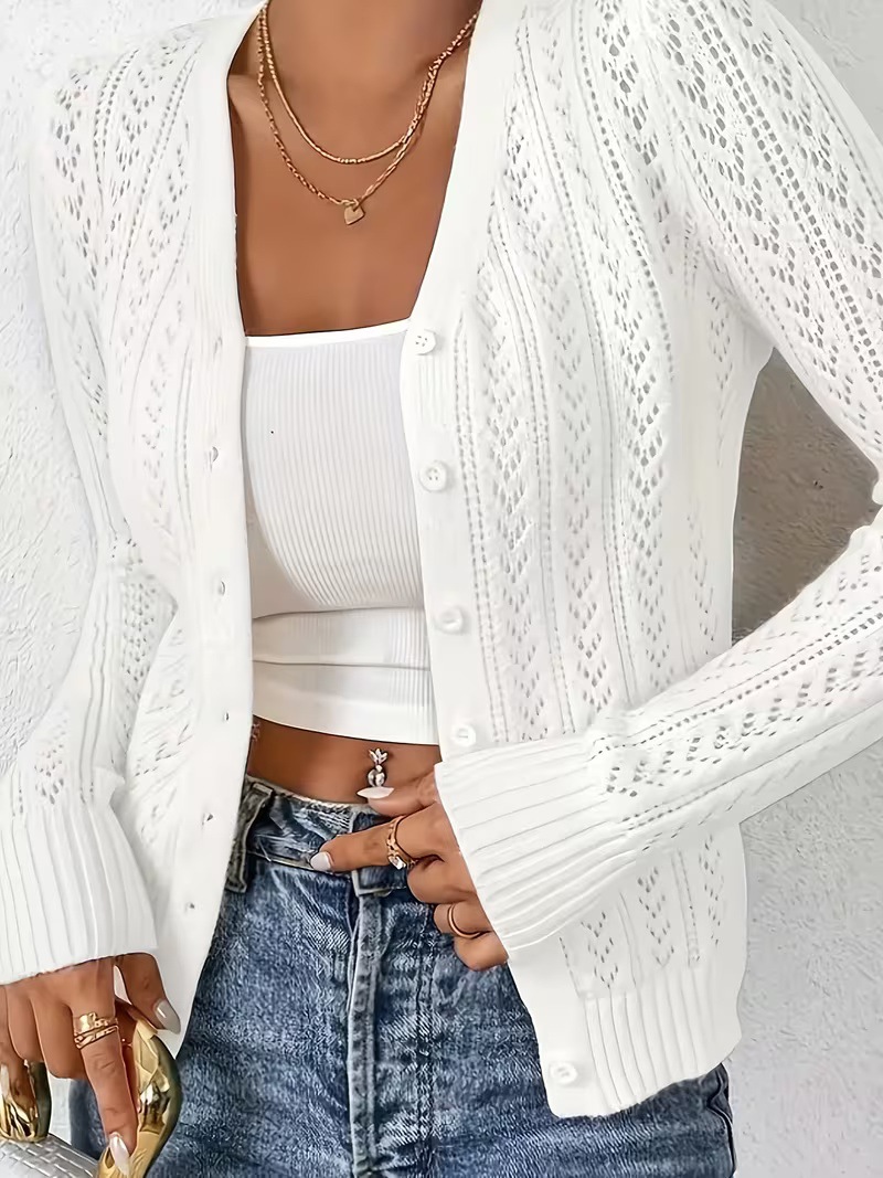 Women's White Open-Knit Cardigan Sweater Long Sleeve