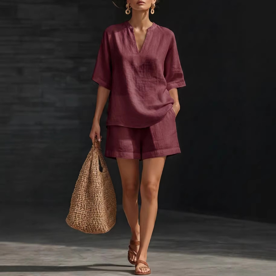 Women's Casual Two-Piece Set with V-Neck Short Sleeve Top and Shorts