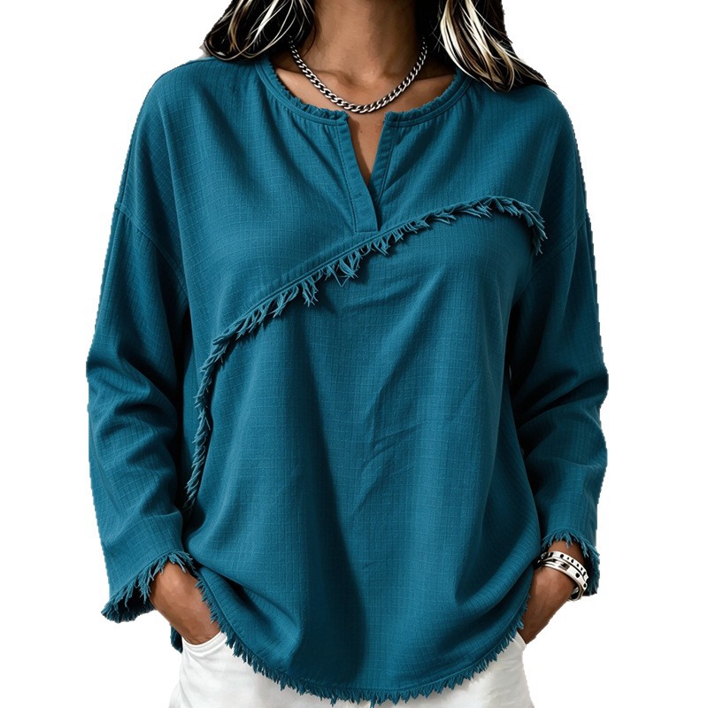 Women's Textured Fringe Tassel Retro Crewneck Long Sleeve Top Blouse