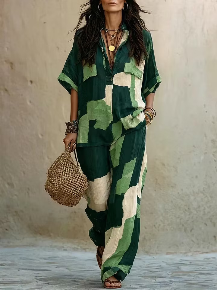 Women's Summer Casual Printed Short-Sleeve Top and Pants Set
