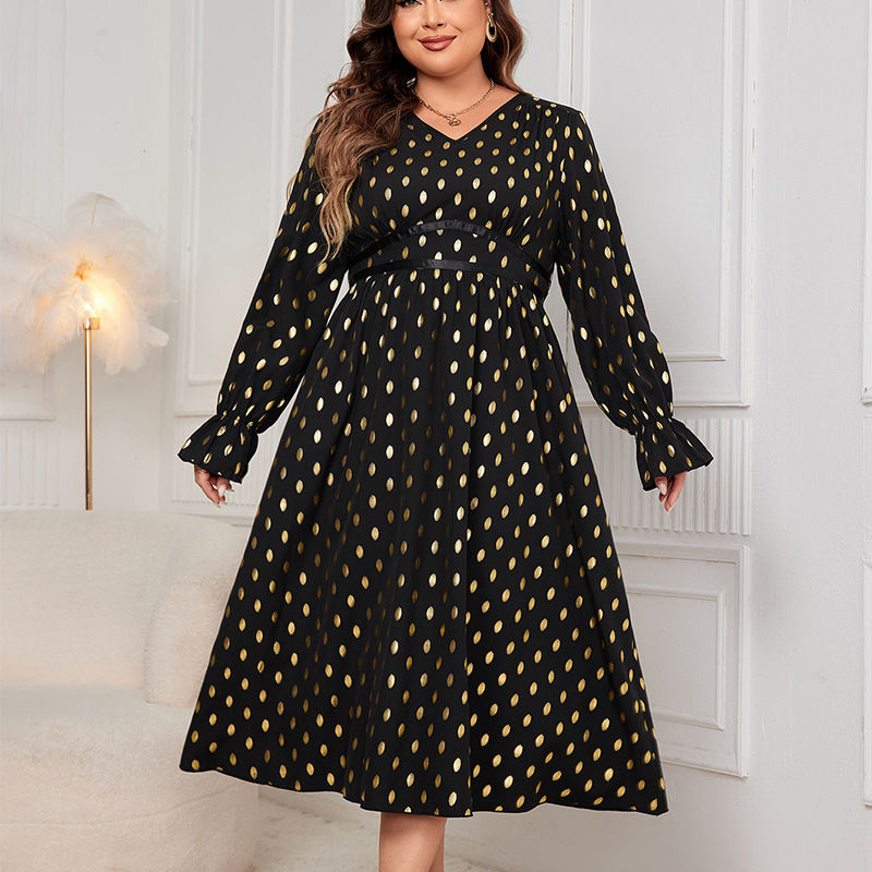 Polka Dot V-Neck Long Sleeve High Waist Maxi Dress