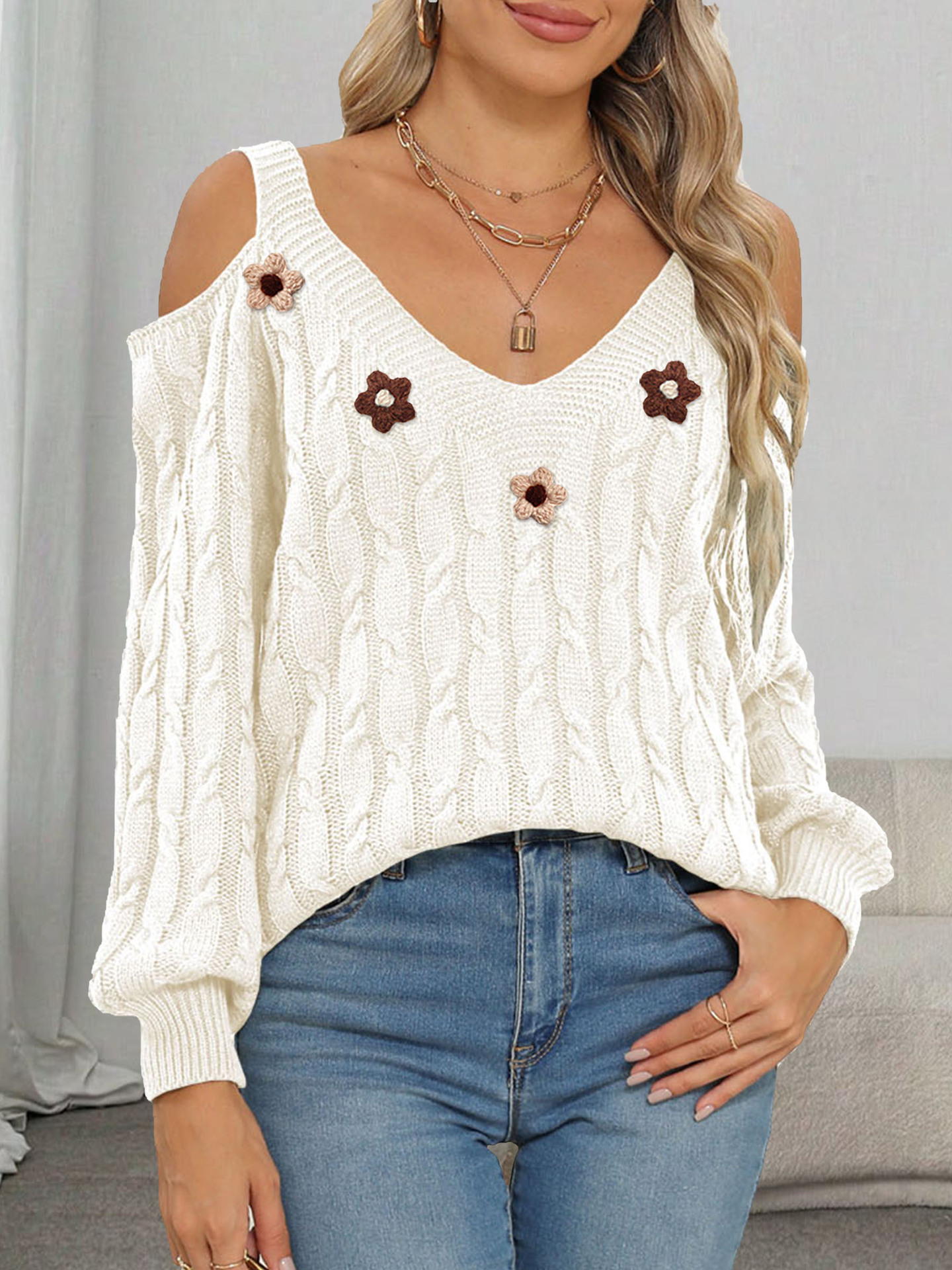 Women's Cold-Shoulder Cable-Knit Pullover Sweater with Crochet Floral Detail