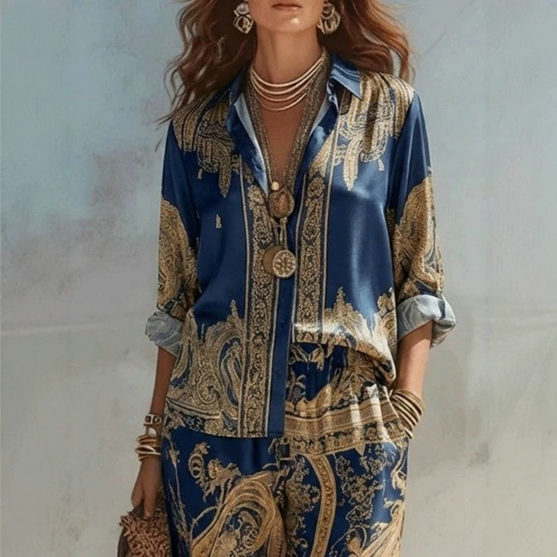 Women's Printed Long Sleeve Shirt & Wide-Leg Pants Set Casual Two-Piece