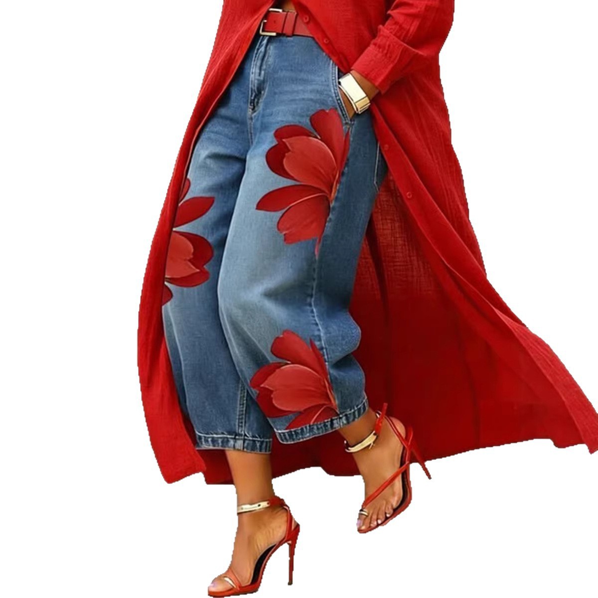 Faux Denim Print Wide-Leg Pants for Women, Loose Fit, Comfortable, Versatile