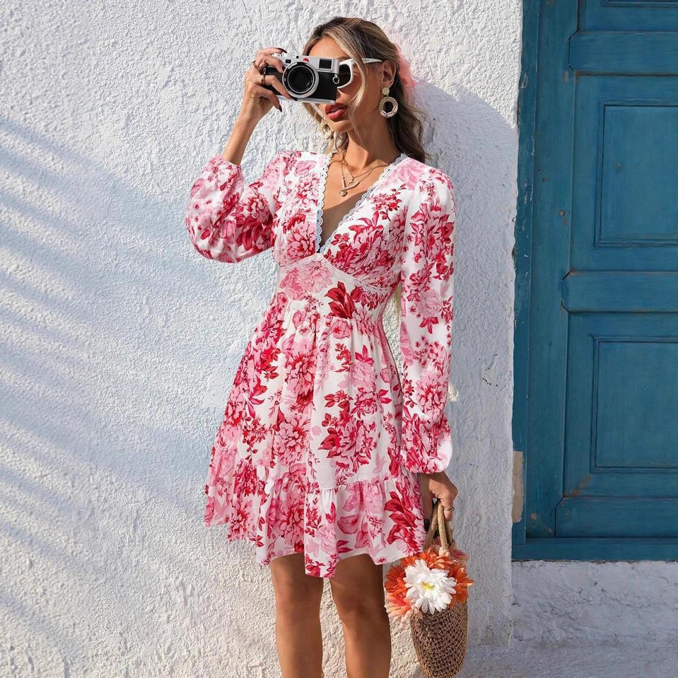 Lace Trim V-Neck Floral Print Long Sleeve Casual Vacation Dress
