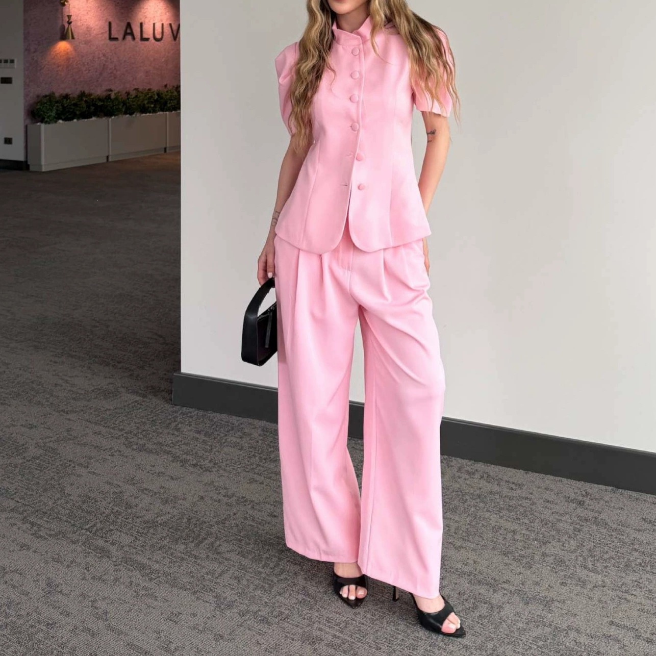 Women's Solid Color Waist-Defining Top and Pants Two-Piece Set