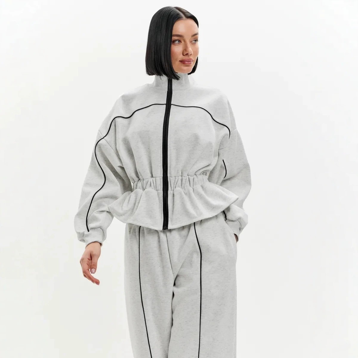 Women's Colorblock Two-Piece Set with Ruched Waist Long Sleeve Jacket and Pants