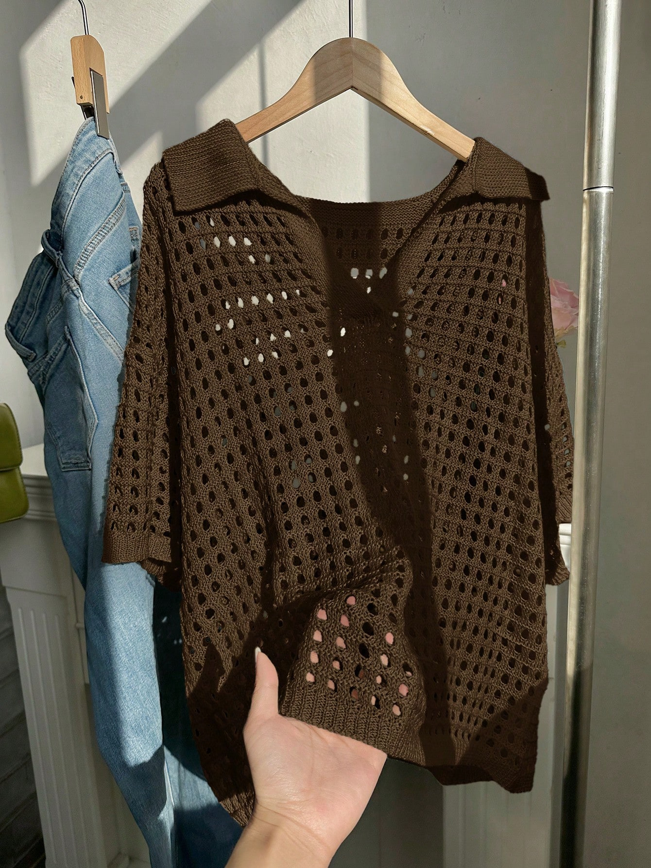 Open-Knit Collared Midi Cardigan