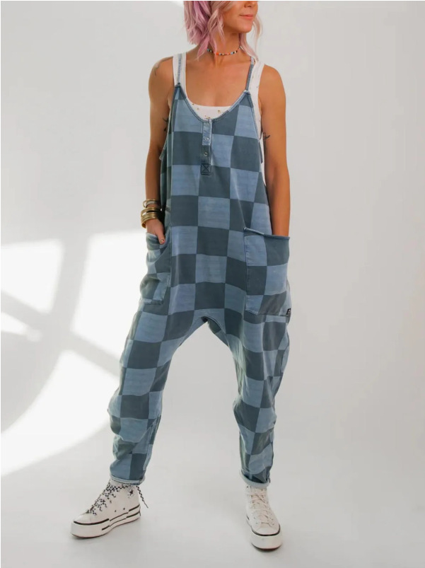 Plaid Print Sleeveless Wide-Leg Jumpsuit with Pockets