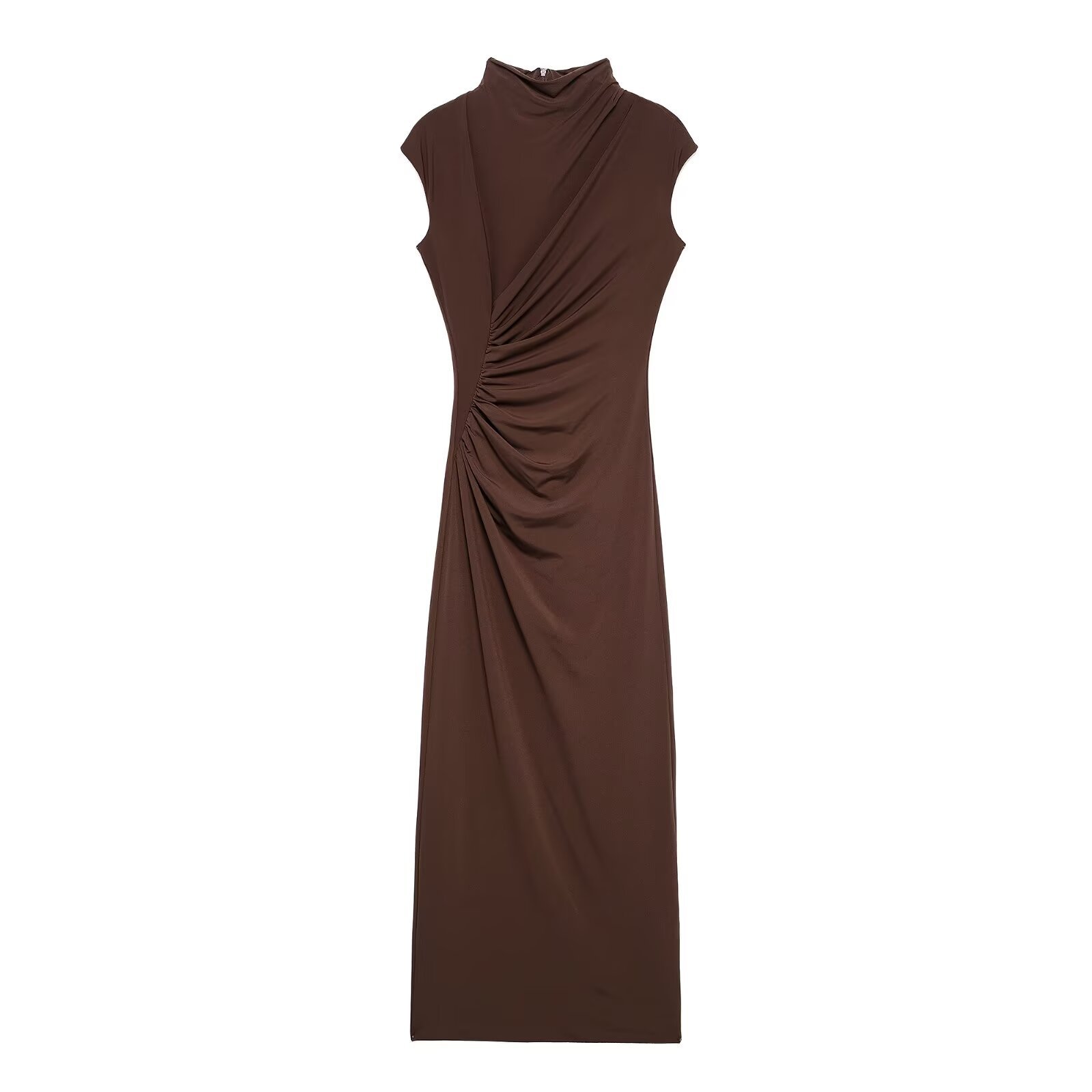 Women's Ruched Midi Dress with High Neck and Long Sleeves