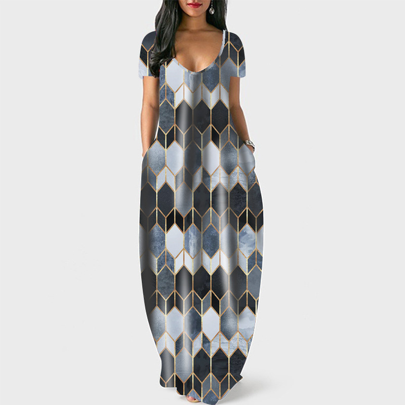 Women's Round Neck Short Sleeve Pocket Geometric Print A-Line Midi Dress