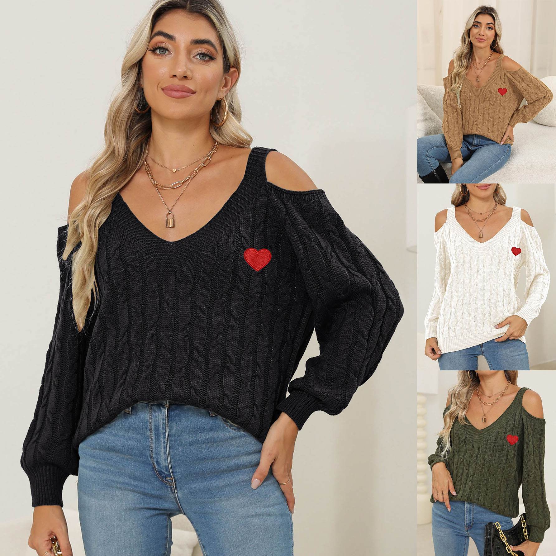 Women's Deep V Off-Shoulder Loose Knit Sweater