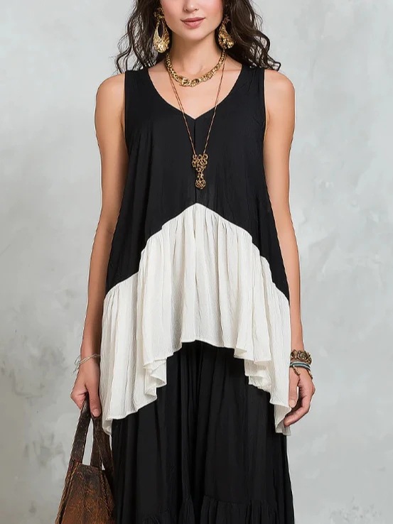 Retro Color-Block V-Neck Sleeveless Top and Flared Maxi Skirt Two-Piece Set