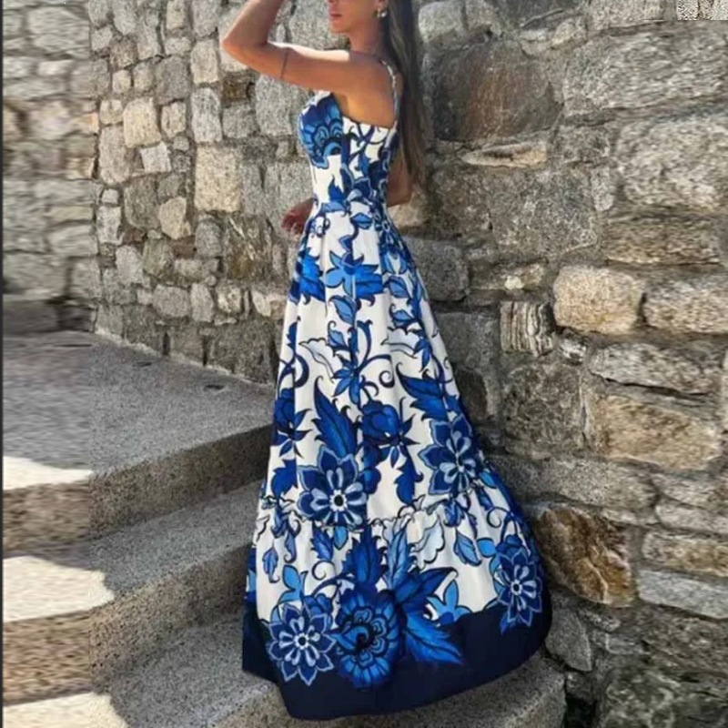 Women's Vacation Floral Print Cami Maxi Dress with Full Skirt