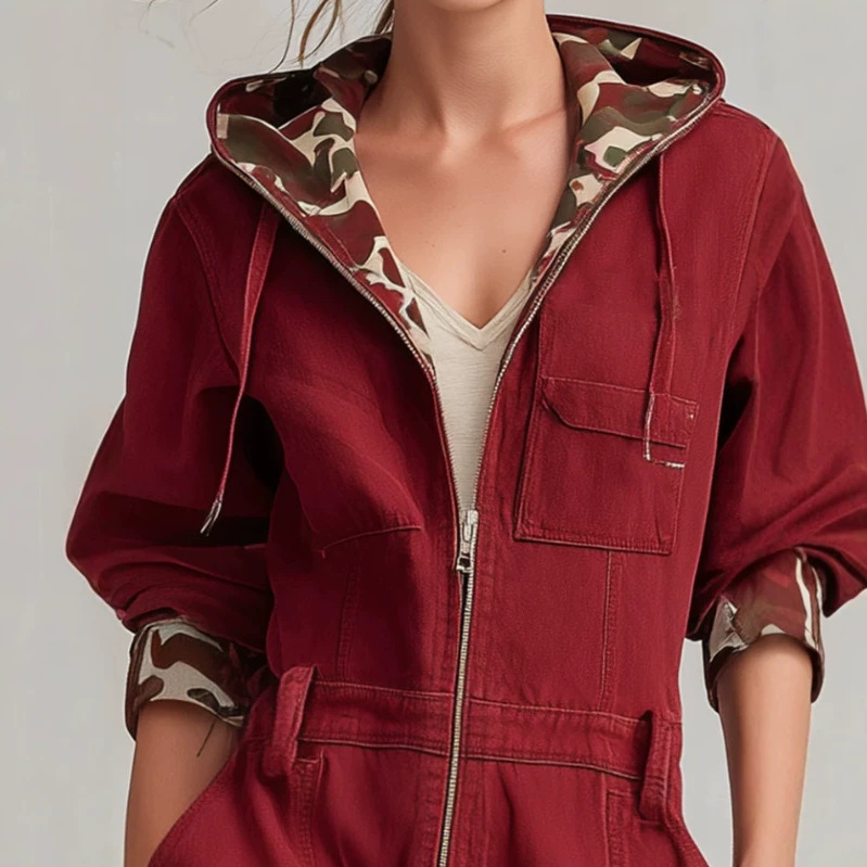 Camouflage Hooded Zip-Front Denim Jumpsuit