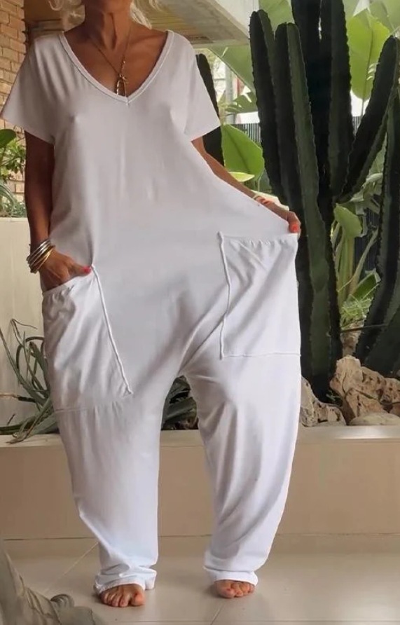 Solid V-Neck Jumpsuit with Oversized Pockets and Low Crotch