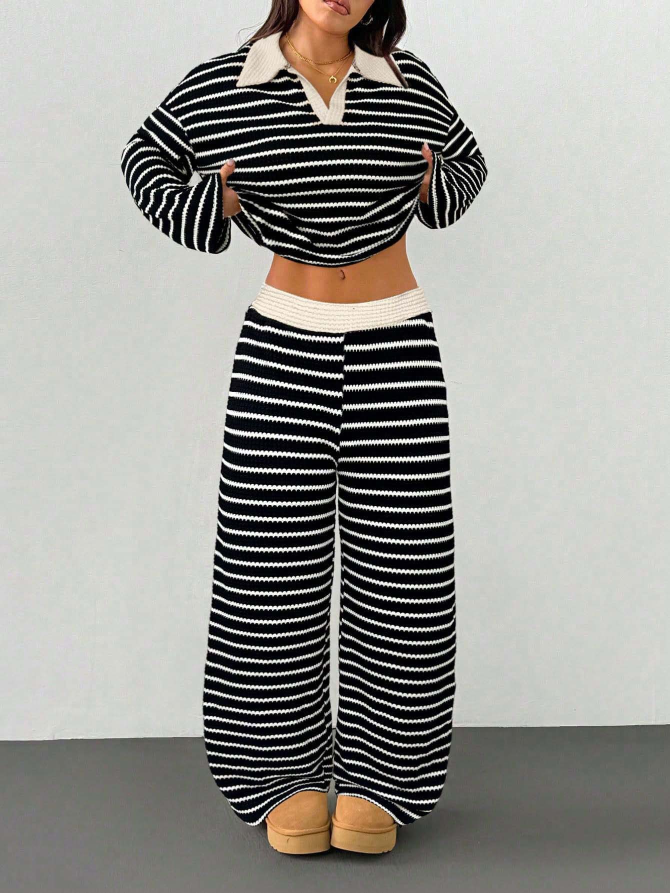 Striped Knit Color-Block Collared V-Neck Long-Sleeve Top & Pants Set