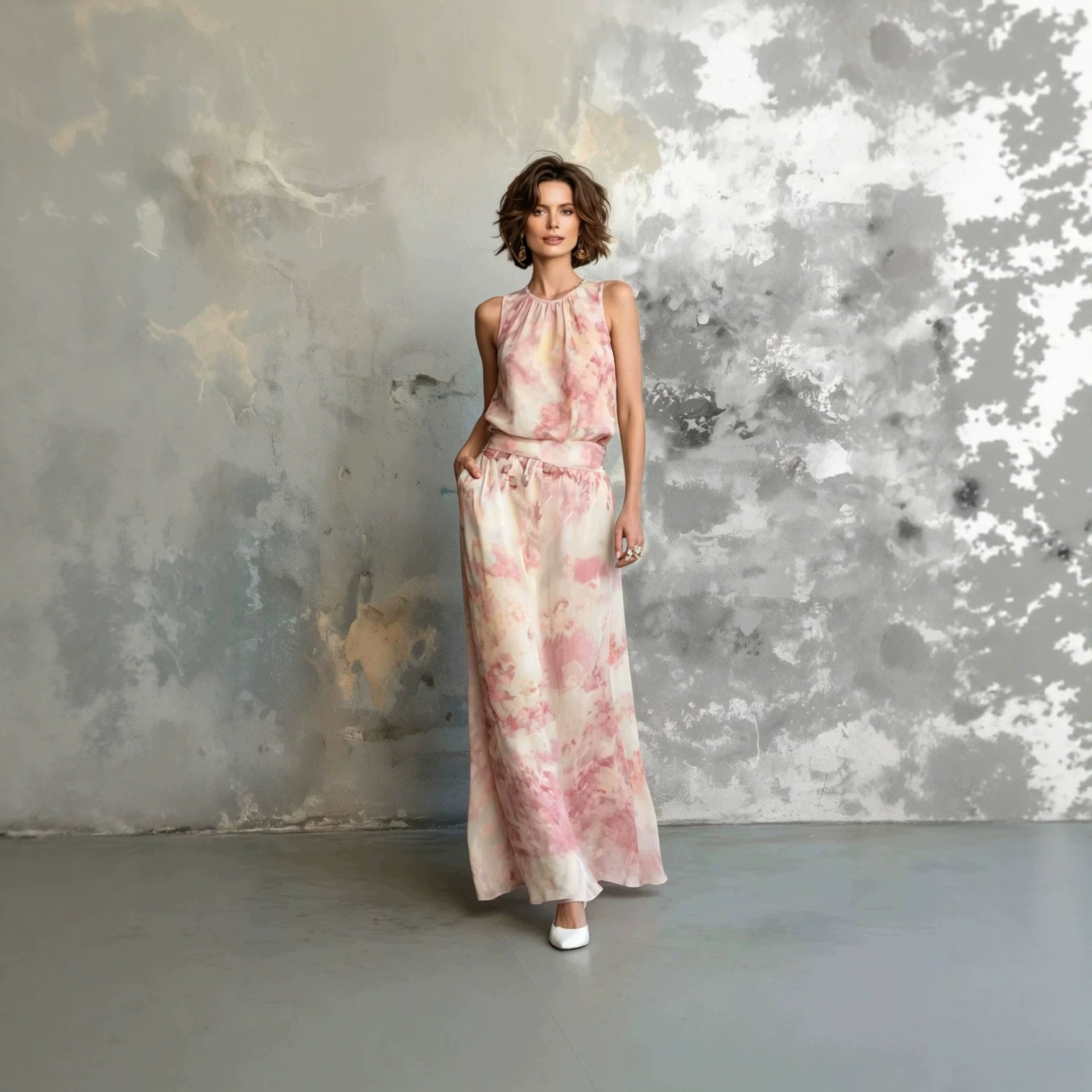 Elegant Floral Print Satin Sleeveless Top and Midi Skirt Set