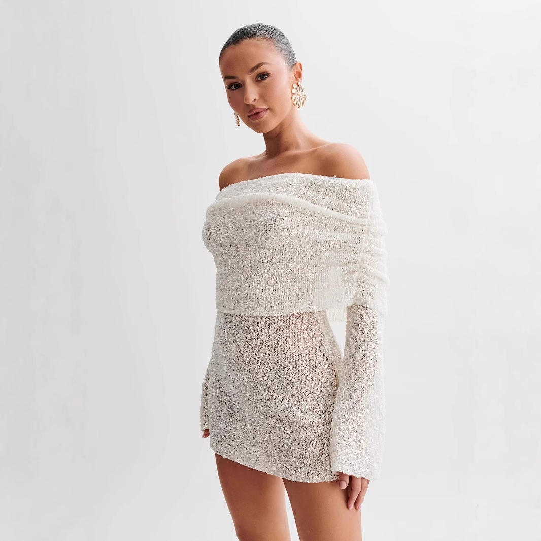 Sheer Knit Off-Shoulder Long-Sleeve Mini Bodycon Dress