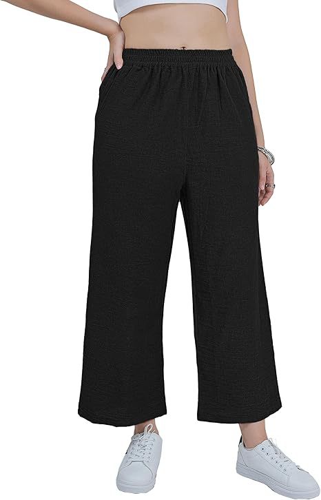 Women's Cotton-Linen Wide-Leg Capri Pants High-Waist Loose Casual