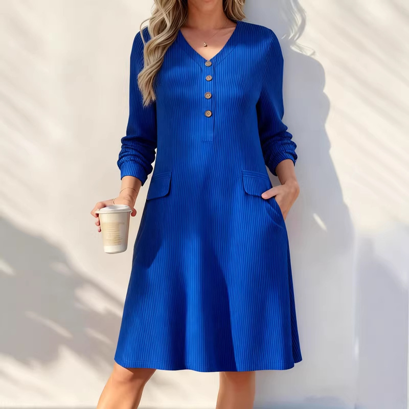 V-Neck Button-Front Ribbed Knit Midi Dress