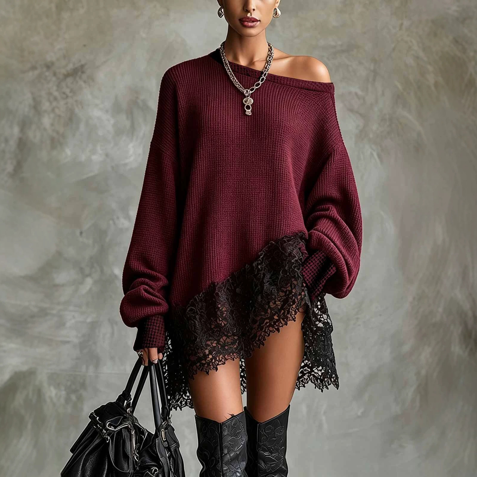 Women's Asymmetric Neck Lantern Sleeve Lace Panel Dress