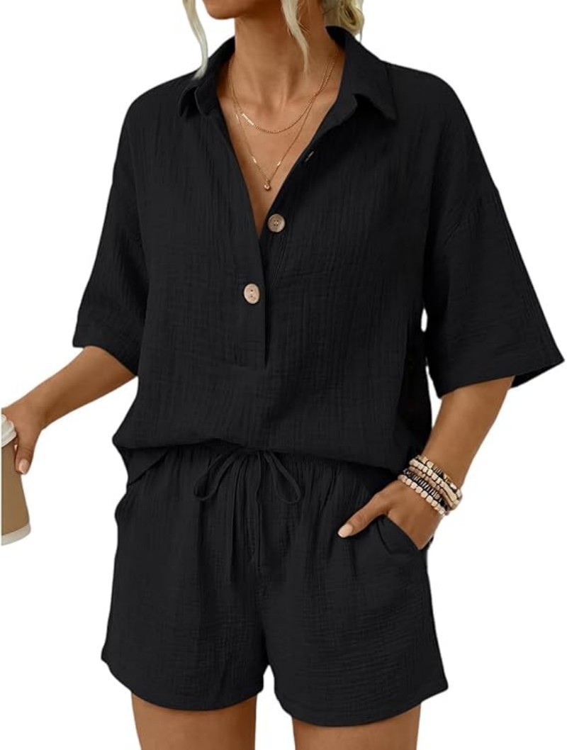 Solid Color Two-Piece Set Lightweight Short Sleeve Top with Pockets and High Waist Shorts