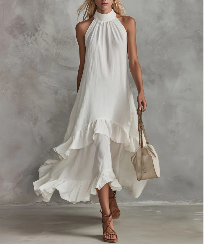White Sleeveless Ruffle Midi Beach Dress