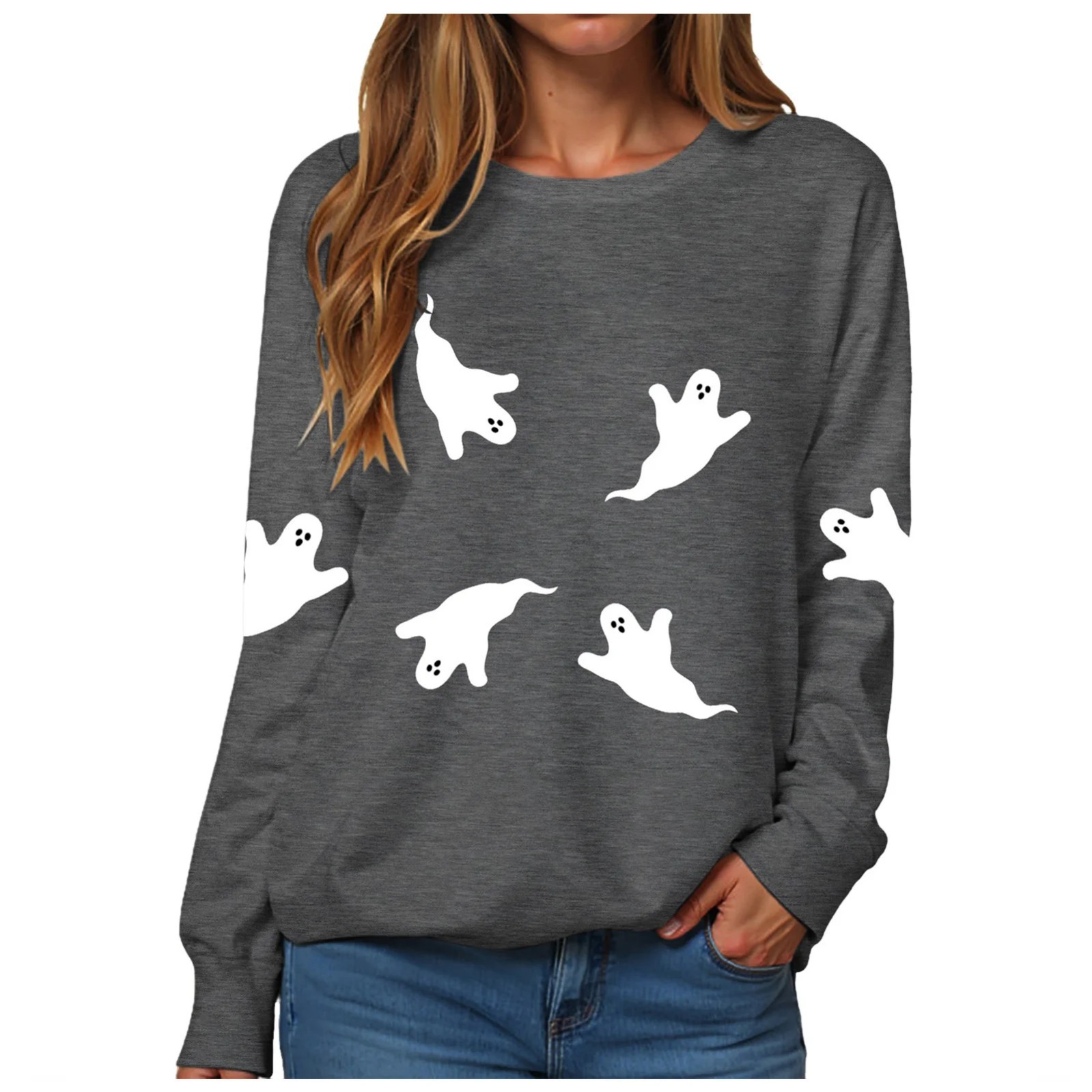 Women's Solid Color Halloween Ghost Crewneck Sweatshirt
