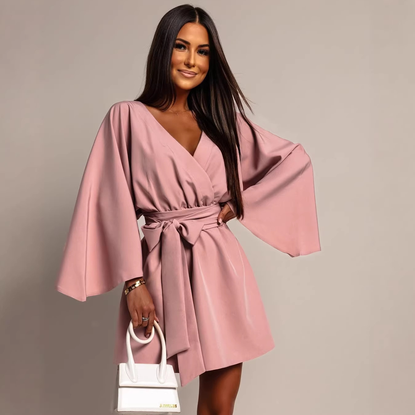 V-Neck Tie-Waist Batwing Sleeve Solid Dress