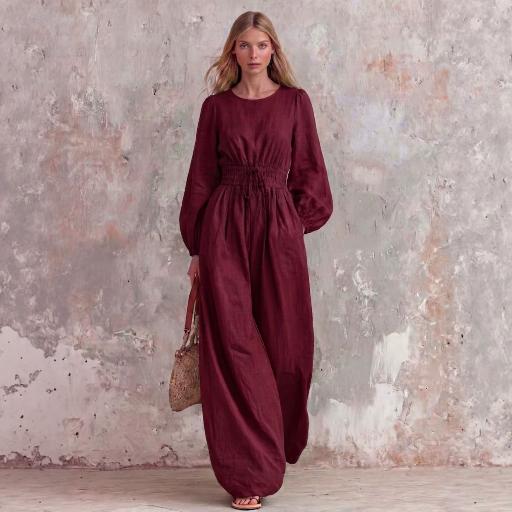 Women's Casual Vintage Solid Color Waist-Defining Smocked Jumpsuit