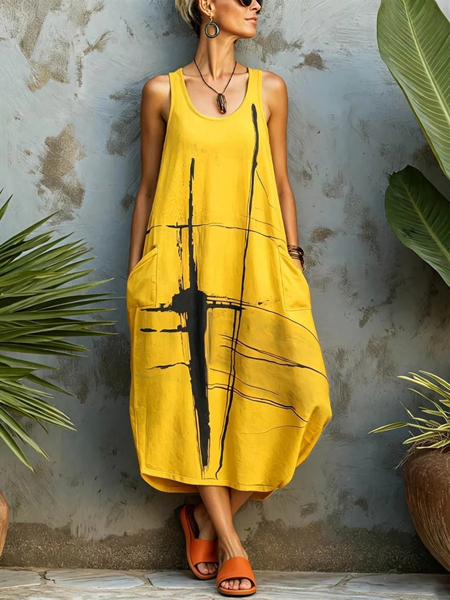 Women's Summer Sleeveless Printed Pocket Casual Dress