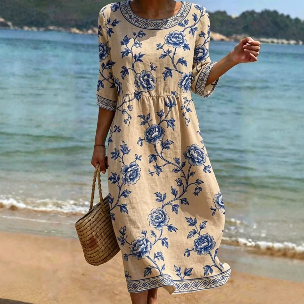Women's Floral Print Midi Dress Crew Neck Half Sleeve Slim Fit Casual