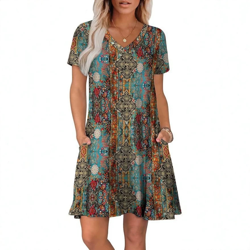 Women's Casual Loose A-Line Midi Dress with Ruffle Neck and Puff Sleeves, Floral Print Beach Vacation Dress