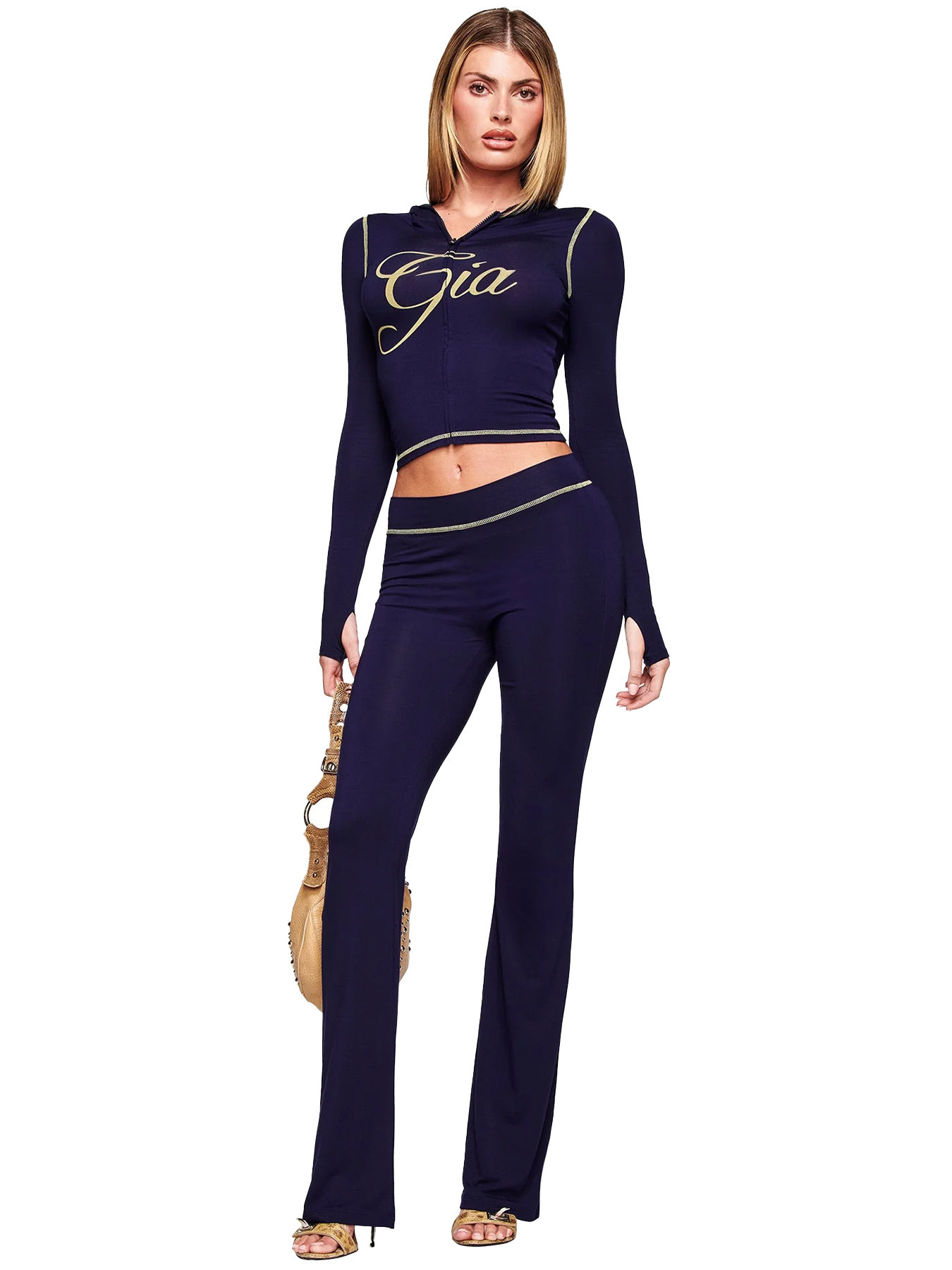 Women's Printed Hooded Long-Sleeve Thumbhole Two-Piece Set with Flared Pants