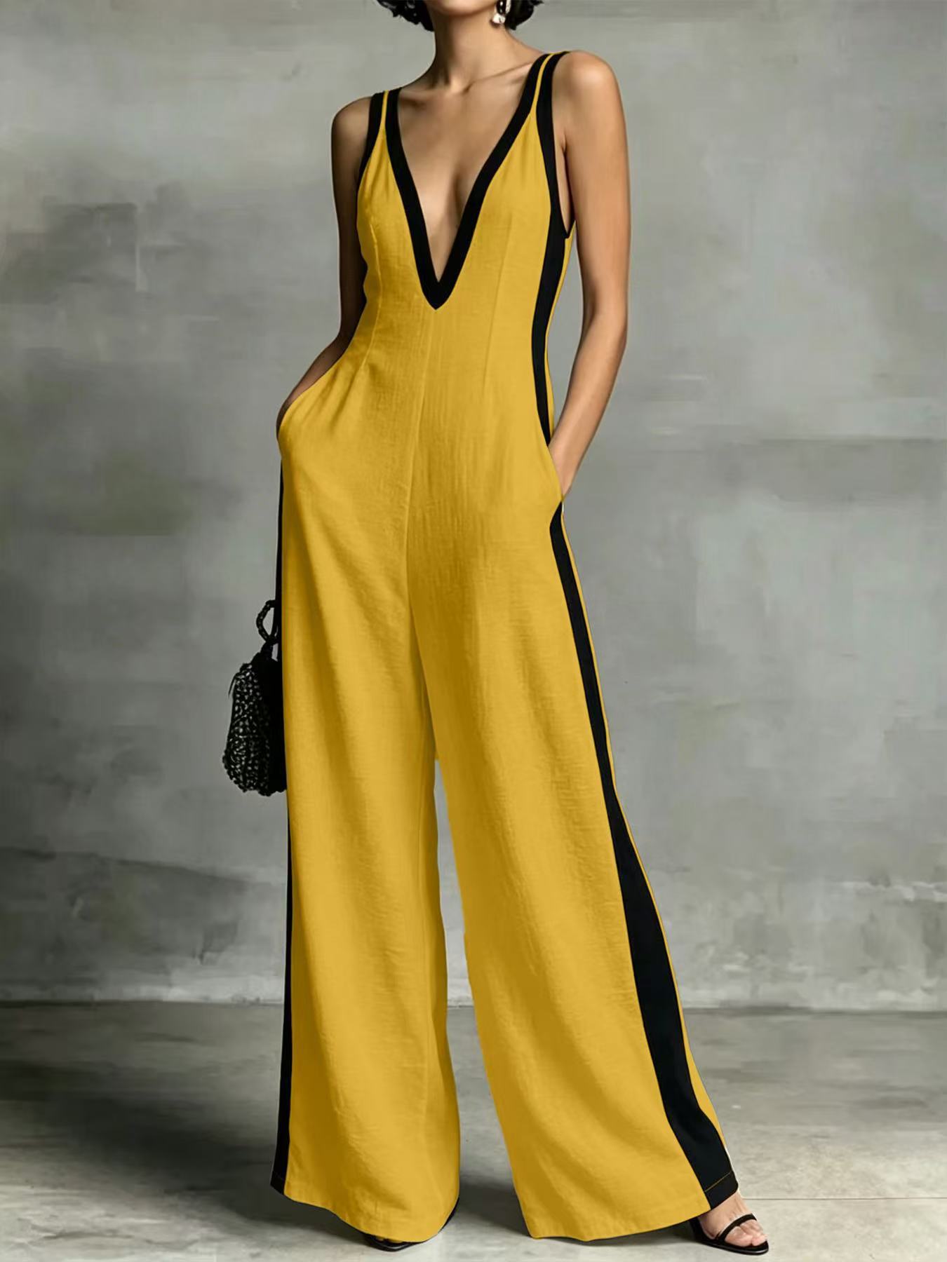 V-Neck Sleeveless Colorblock Wide-Leg Jumpsuit